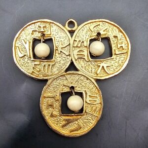 Vintage Unique Triple‎ Asian Coin Pendant Beaded Gold Tone Large 2.5" SIGNED LJM